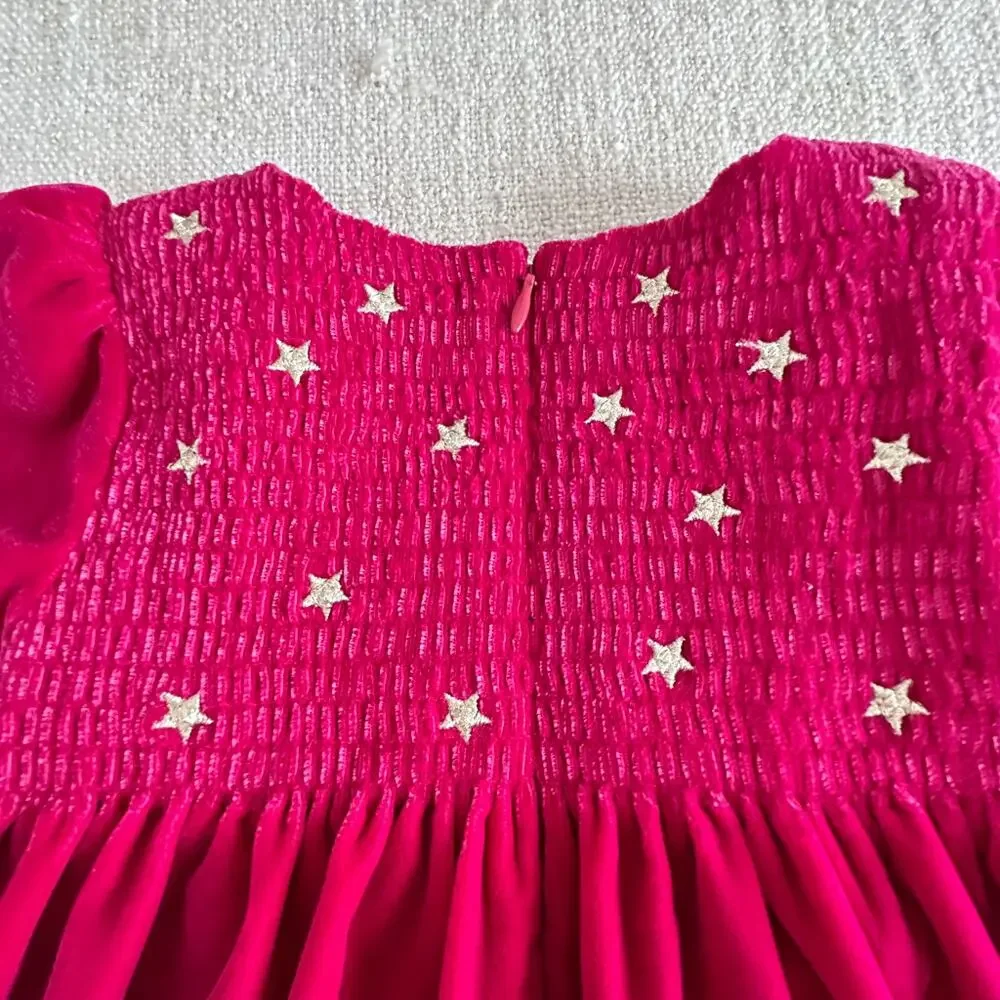 Mini Boden Fuchsia Velvet Star Embroidered Party Dress VGUC 2/3